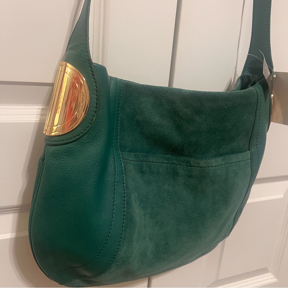 B. Makowsky Green Leather Hobo Bag with Gold Details - Picture 2 of 11